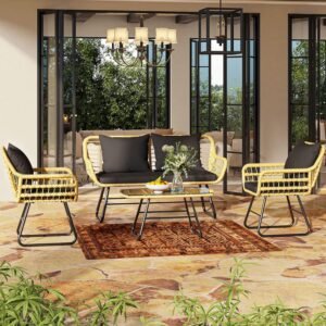 YITAHOME Patio Furniture Wicker Outdoor Bistro Set, 4-Piece All Weather Patio Furniture Rattan Conversation Loveseat Sets for Backyard, Balcony and Deck, Light Brown+Black