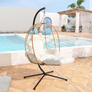 Hanging Egg Chair with Stand Indoor Swinging Chair Outdoor Hammock Egg Chair for Patio, Bedroom, Garden and Balcony (Single with Leg Support Milky White, Small)