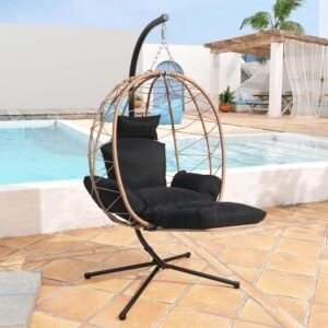 Hanging Egg Chair with Stand Indoor Swinging Chair Outdoor Hammock Egg Chair for Patio, Bedroom, Garden and Balcony (Single with Leg Support Black, Small)