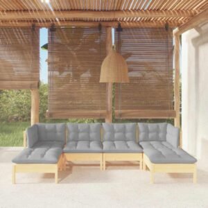 Patio Furniture Sectional Outdoor Patio Couch Apartment Patio Furniture Balcony Table 6 Piece Patio Lounge Set with Gray Cushions Pinewood Suitable for Flats, Outdoors, Gardens, Terraces