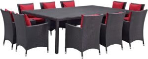 Modern Contemporary Urban Outdoor Patio Balcony Eleven PCS Dining Chairs and Table Set, Red, Rattan