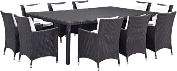 Modern Contemporary Urban Design Outdoor Patio Eleven PCS Dining Chairs and Table Set, White, Rattan