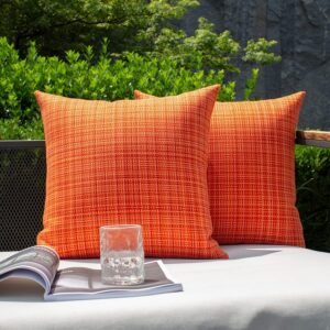 Kevin Textile Pack of 2 Decorative Outdoor Waterproof Fall Throw Pillow Covers Stripe Square Pillowcases Autumn Decorative Modern Cushion Cases for Patio Couch Bench 18 x 18 Inch Orange