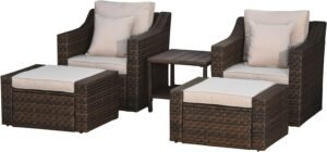 Outsunny 5 Piece Patio Furniture Set, All Weather PE Rattan Conversation Chair, and Ottoman Set with Coffee Table, Cushions & Pillows Included for Balcony, Porch, Deck, Pool, Lawn, Beige