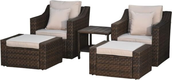 Outsunny 5 Piece Patio Furniture Set, All Weather PE Rattan Conversation Chair, and Ottoman Set with Coffee Table, Cushions & Pillows Included for Balcony, Porch, Deck, Pool, Lawn, Beige