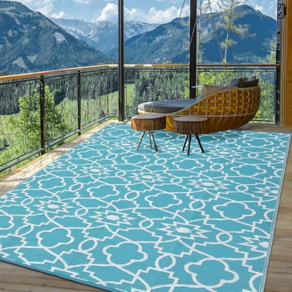 Outdoor Rug Carpet Waterproof 8x10 ft Foldable Reversible Plastic Straw Area Rugs Mat for Camper Garden, Balcony, Picnic, Beach, Teal&White