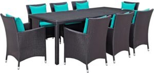 Modern Contemporary Urban Outdoor Patio Balcony Nine PCS Dining Chairs and Table Set, Blue, Rattan