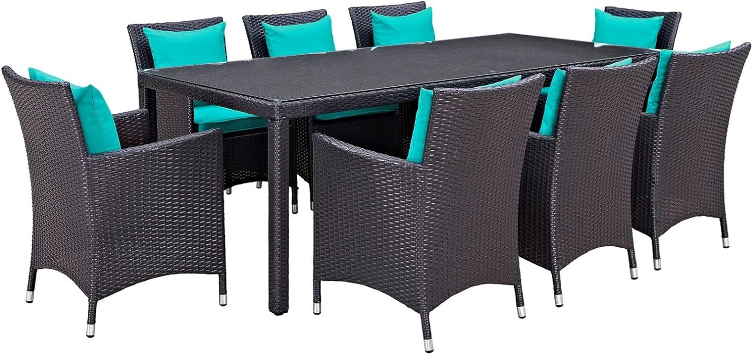 Modern Contemporary Urban Outdoor Patio Balcony Nine PCS Dining Chairs Modern Contemporary Urban Outdoor Patio Balcony Nine PCS Dining Chairs and Table Set, Blue, Rattan