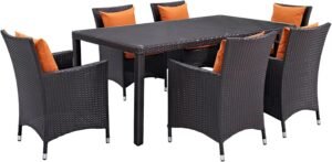 Modern Contemporary Urban Design Outdoor Patio Seven PCS Dining Chairs and Table Set, Orange, Rattan