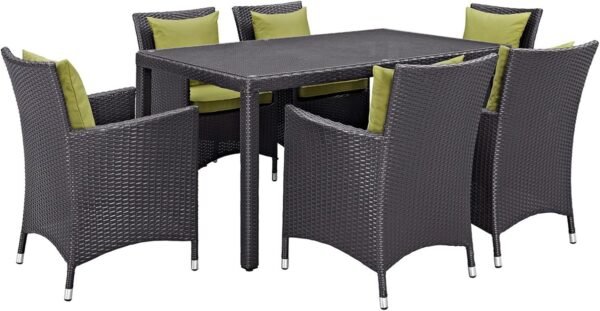 Modern Contemporary Urban Outdoor Patio Balcony Seven PCS Dining Chairs and Table Set, Green, Rattan