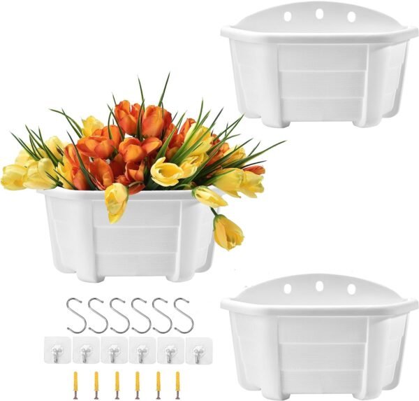 ORIMERC 3 Pcs 9.8" Wall Hanging Planter Flower Pot for Railing Fence Balcony Porch Décor Indoor Outdoor Plastic Kitchen Herb Plant Basket Vertical Garden Living Wall Mount-Half Round-Flat Backed-White