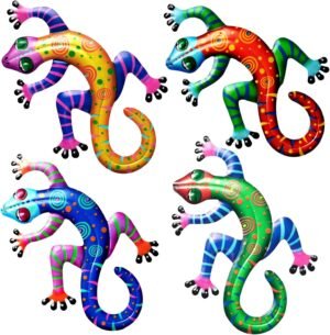 ZYP Metal Outdoor Wall Art Decor,3D Colorful Garden Birds Sculpture Outdoor Iron Hanging Decor Ornaments, Metal Hand-made Bird Wall Art Decorations for Fence Patio Balcony Living Room,Geckos