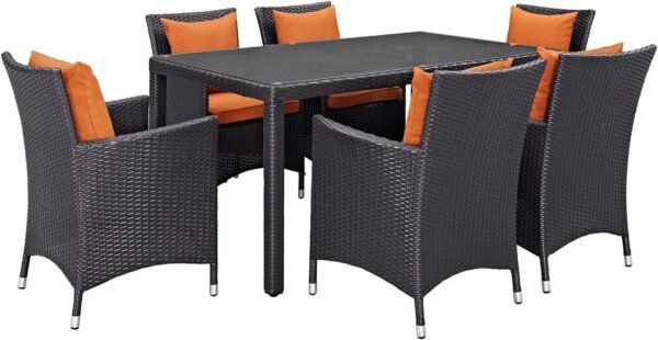 Modern Contemporary Urban Design Outdoor Patio Seven PCS Dining Chairs and Table Set, Orange, Rattan