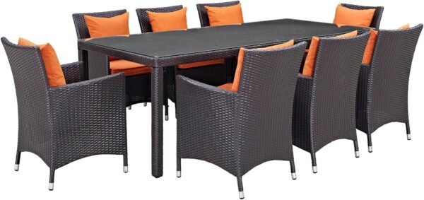 Modern Contemporary Urban Outdoor Patio Balcony Nine PCS Dining Chairs and Table Set, Orange, Rattan