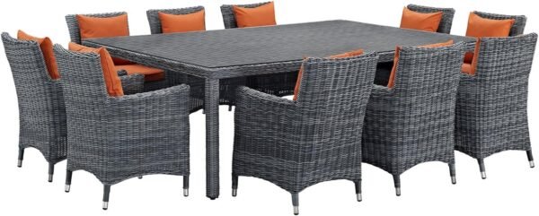 Modern Contemporary Urban Outdoor Patio Eleven PCS Dining Chairs and Table Set, Orange, Rattan