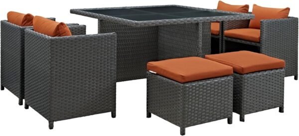 Modern Contemporary Urban Outdoor Patio Balcony Nine PCS Dining Chairs and Table Set, Orange, Rattan