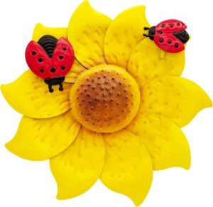 LITIALLY 12 Inches Metal Flower Wall Art Garden Decor Cute Ladybug Flowers Decorations Hanging for Outside Yard Porch Lawn (Yellow)