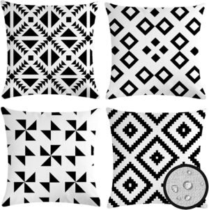 Pack of 4 Waterproof Outdoor Indoor Throw Pillow Covers Boho Black White Pillowcases Double Sided Farmhouse Cushion Covers for Garden Patio Balcony Sofa Couch (Black-White, 20X20 Inch)