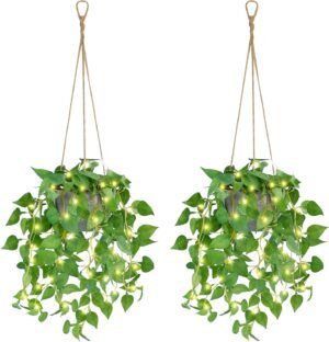 2 Pack Hanging Plant Fake Hanging Plants with LED Lights, Artificial Hanging Plant with Pots, Artificial Plants for Home Decor Wall Indoor Outdoor Office Decor