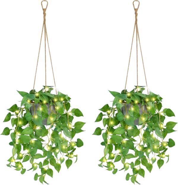 2 Pack Hanging Plant Fake Hanging Plants with LED Lights, Artificial Hanging Plant with Pots, Artificial Plants for Home Decor Wall Indoor Outdoor Office Decor