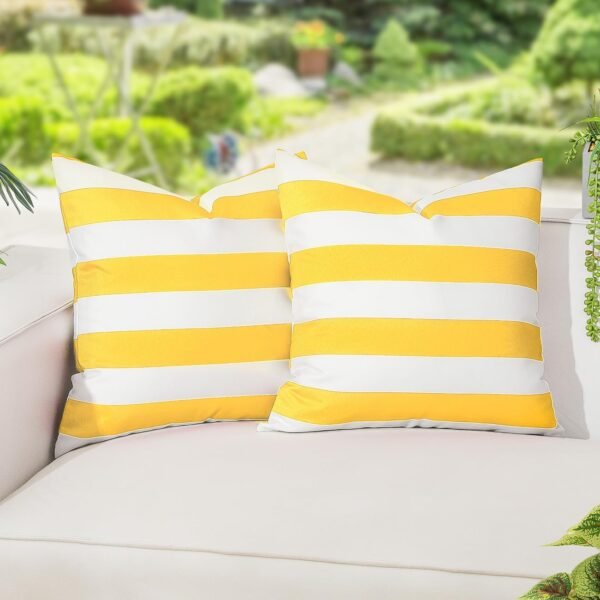 2 Pack Outdoor Throw Pillow Covers, Square Stripe Waterproof Throw Pillow Cases for Outdoor Patio Porch Farmhouse Garden Balcony Couch, 20"x20"(50x50cm) Standard Size, Yellow + White