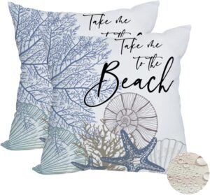 2 Pack Waterproof Take Me to The Beach Summer Pillow Covers 18x18 Inch Blue Ocean Sea Shell Coral Conch Starfish Throw Pillow Covers Outdoor Coastal Decorations Cushion Case Double Sided