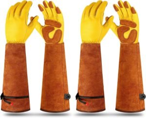 2 Pairs Long Gardening Gloves for Women Men Thorn Proof Rose Pruning Gloves Heavy Duty Gauntlet Leather Work Garden Gloves (Yellow, Medium)