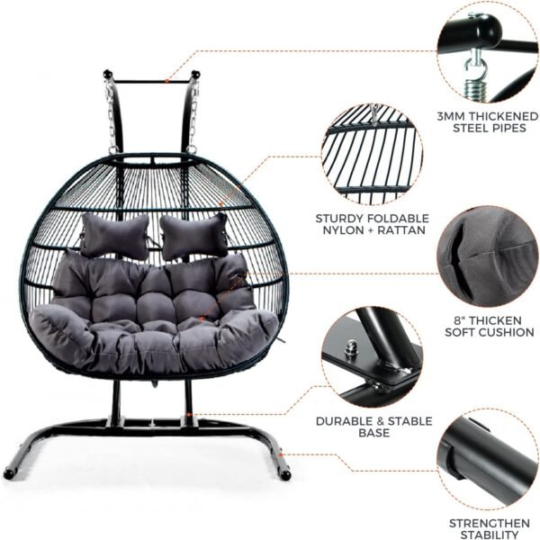 2 Person Hanging Double Swing Chair, X-Large Wicker Rattan Egg Chair with Stand and Cushion for Indoor Outdoor Patio Garden (Black+Anthracite)