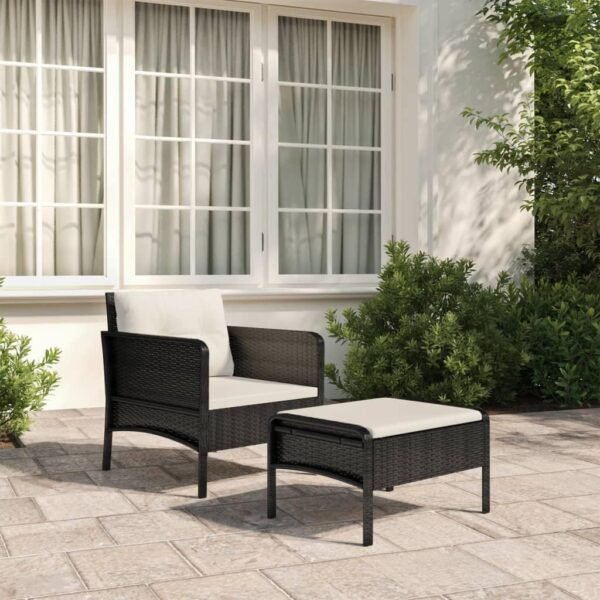 2 Piece Patio Lounge Set, Balcony Furniture Outdoor Dining Set Outdoor Patio Decor Porch Furniture Suitable for Backyard Balcony Apartments Small Spaces with Cushions Black Poly Rattan