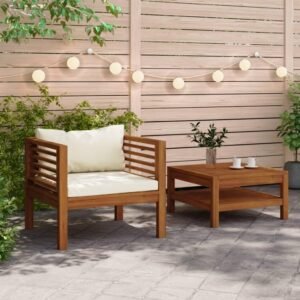 2 Piece Patio Sofa Set Outdoor futon,Small Patio Couch,Balcony Couch,Apartment Balcony Furniture,with Cream White Cushions Acacia Wood