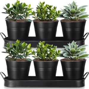 2 Sets Herb Planter with Tray Metal Herb Garden Planter with Drainage Farmhouse Windowsill Pots for Indoor Plants Flower Succulent Outdoor Kitchen Apartment Balcony Window (Black)