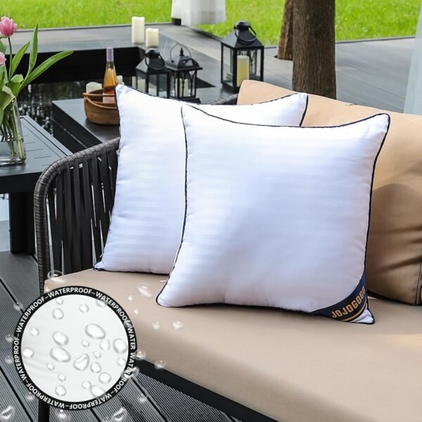 20x20 Outdoor Throw Pillow Inserts Waterproof Set of 2, 20 x 20 Outdoor Patio Decorative Pillows, Outdoor Back Porch Decor 20 Inch Square White Chair Accent Pillows (with Deep Blue Piping)