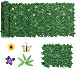 24 Pack Artificial Ivy Privacy Fence Balcony Privacy Screen Outdoor Faux Green Ivy Wine Leaf Wall Expandable Fence Cover Pannel with Flowers and Butterflies for Patio Backyard Garden, 132x37.8in