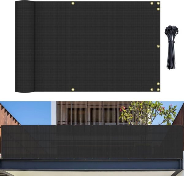 2.5' x 12' Balcony Privacy Screen Deck Privacy Fence Cover with Grommets UV Protection for Patio, Backyard, Porch, Deck, Cable Zip Ties Included (Black)