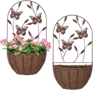 2PK Wall Hanging Planter Decor Art with Butterfly, Metal Wall Mounted Planters Indoor Outdoor Wall Planter for Succulent Herb Home Garden Yard