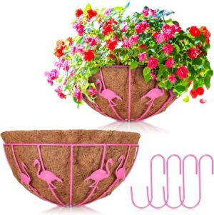 2Pcs 12 Inch Metal Wall Hanging Basket Pink Flamingo Metal Wall Planter with Coconut Coir Liner, Hooks and Pink Chain Garden Decorations for Porch Pots Hanger Outdoor Plant Flower Pot