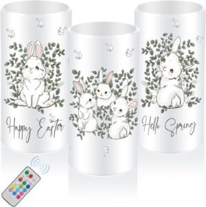 3 PCS Easter Flameless Candles Vintage Bunny Candles Happy Easter Hello Spring Battery Operated Candles with Remote for Balcony Living Bedroom Room Cute Easter Day Home Decor