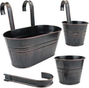 3 Pcs Metal Wall Hanging Planter Pots, Vintage Flower Pots for Railing Fence, Hanging Bucket Pots, Window Flower Plant Holder with Detachable Hooks Home Decor (Black)