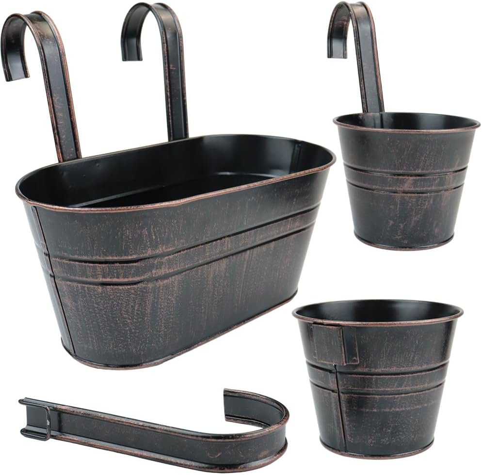 3 Pcs Metal Wall Hanging Planter Pots, Vintage Flower Pots 3 Pcs Metal Wall Hanging Planter Pots, Vintage Flower Pots for Railing Fence, Hanging Bucket Pots, Window Flower Plant Holder with Detachable Hooks Home Decor (Black)