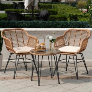 3 Piece Outdoor Wicker Furniture Patio Bistro Set, Balcony Furniture Rattan Conversation Sets with Cushions, Wicker Patio Chairs Patio Furniture Set for Outdoor Poolside Garden, Beige