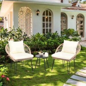 3-Piece Patio Bistro Set,Outdoor Wicker Conversation Bistro Sets with Side Table,Rattan Woven Rope Table Set with Cushions,Patio Wicker Furniture for Garden,Balcony,Porch,Deck,Poolside(Beige)