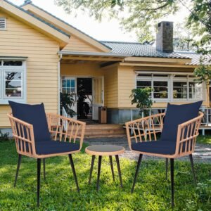 3-Piece Patio Bistro Sets, Outdoor Wicker Dining Conversation Furniture Sets with Cushions, Tempered Glass Side Table and 2 Patio Porch Chairs for Balcony, Backyard (Dark Blue)