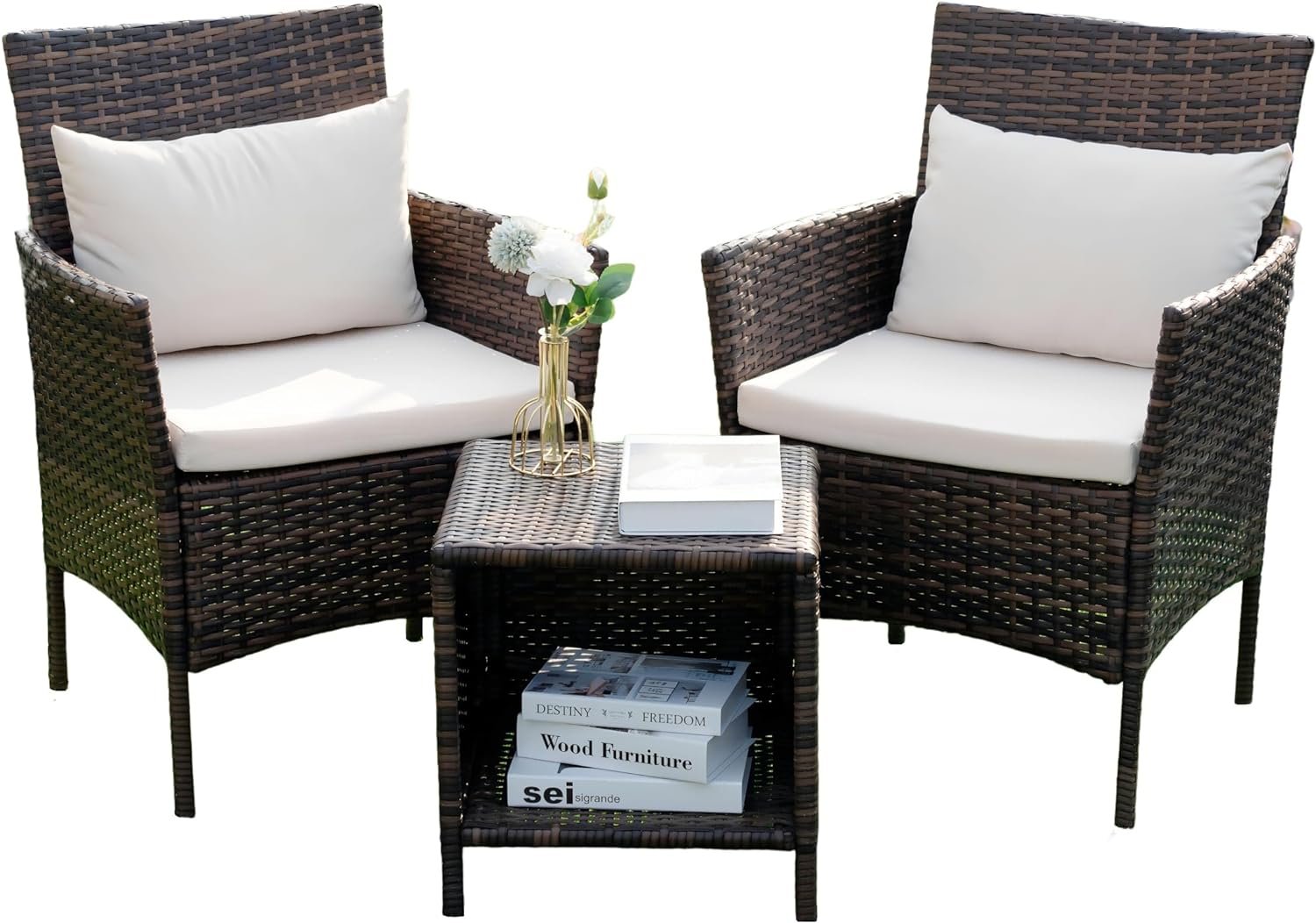 3 Piece Patio Conversation Bistro Set Outdoor Chat Furniture, Porch 3 Piece Patio Conversation Bistro Set Outdoor Chat Furniture, Porch Balcony Furniture Set, Wicker Chairs and Storable Table Set for Patio Balcony Backyard Apartment, Brown/Beige