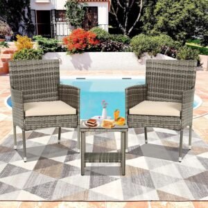 3-Piece Patio Furniture Set Waterproof Outdoor Chairs and Glass Coffee Table - PE Rattan Wicker Conversation Set with Soft Cushion Patio Bistro Sets for Porch, Garden, Backyard, Balcony, Khaki