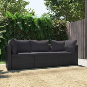 3 Piece Patio Sofa Set Outdoor futon,Small Patio Couch,Balcony Couch,Apartment Balcony Furniture,with Cushions Poly Rattan Black