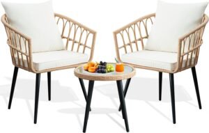 3 Pieces Bistro Set, All-Weather Wicker Furniture Set for Balcony, Backyard, Pool, Porch, Deck, Outdoor Rattan Conversation Set with Table & Cushions,Tan-Beige