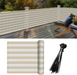 3' x 15' Balcony Screen Privacy Fence Cover UV Protection Shield for Deck Patio Backyard Outdoor Pool Porch Railing with Zip Ties, Beige White Stripe