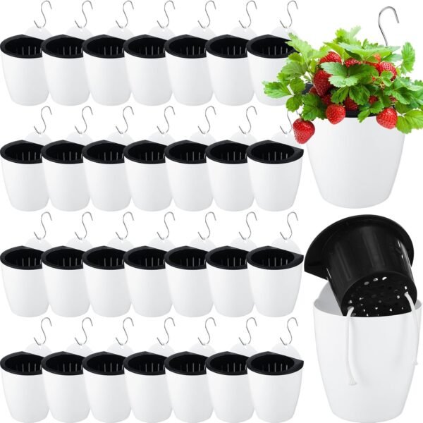 30 Sets 5" Self Watering Hanging Planter White Lazy Flower Pots Plastic Wall Planters Propagation Window Wall Mount Planter with Hooks and Absorbent Cotton Ropes for Indoor Succulent Plants