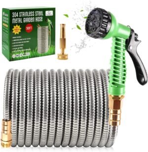 304 Stainless Steel Metal Garden Hose 50FT, Garden Hose with 3/4" Fittings and 2 Function Nozzle, Kink Free Flexible Outdoor Water Hose