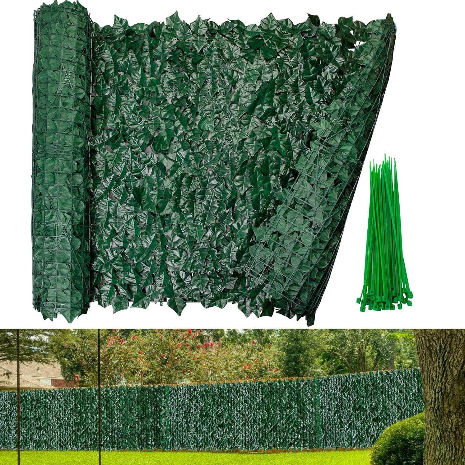 39.4x118 in Artificial Ivy Privacy Fence Screen, 118x39.4" Faux Hedge 39.4x118 in Artificial Ivy Privacy Fence Screen, 118x39.4" Faux Hedge Fence Fake Ivy Vine Leaf Decoration Grass Wall Backdrop Greenery Panels for Indoor Outdoor Decor Balcony Chain Link